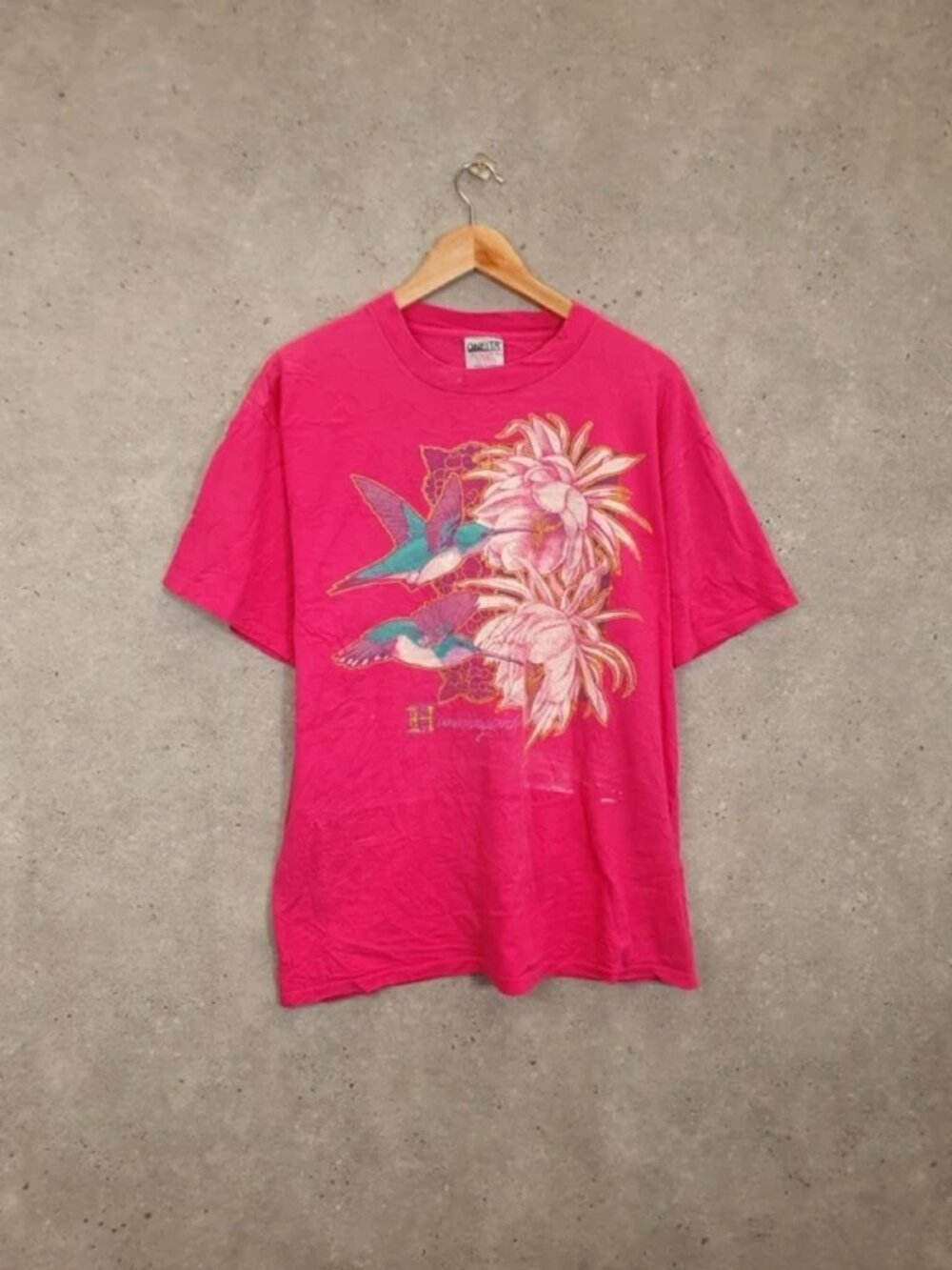 Vintage Oneita Hummingbird Flower Graphic T‑Shirt Hot Pink USA Made L Unisex